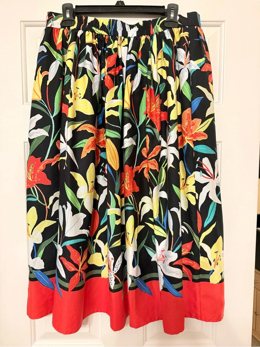 kate spade Black Floral A-Line Midi Skirt Summer Lilies Size L NWT
